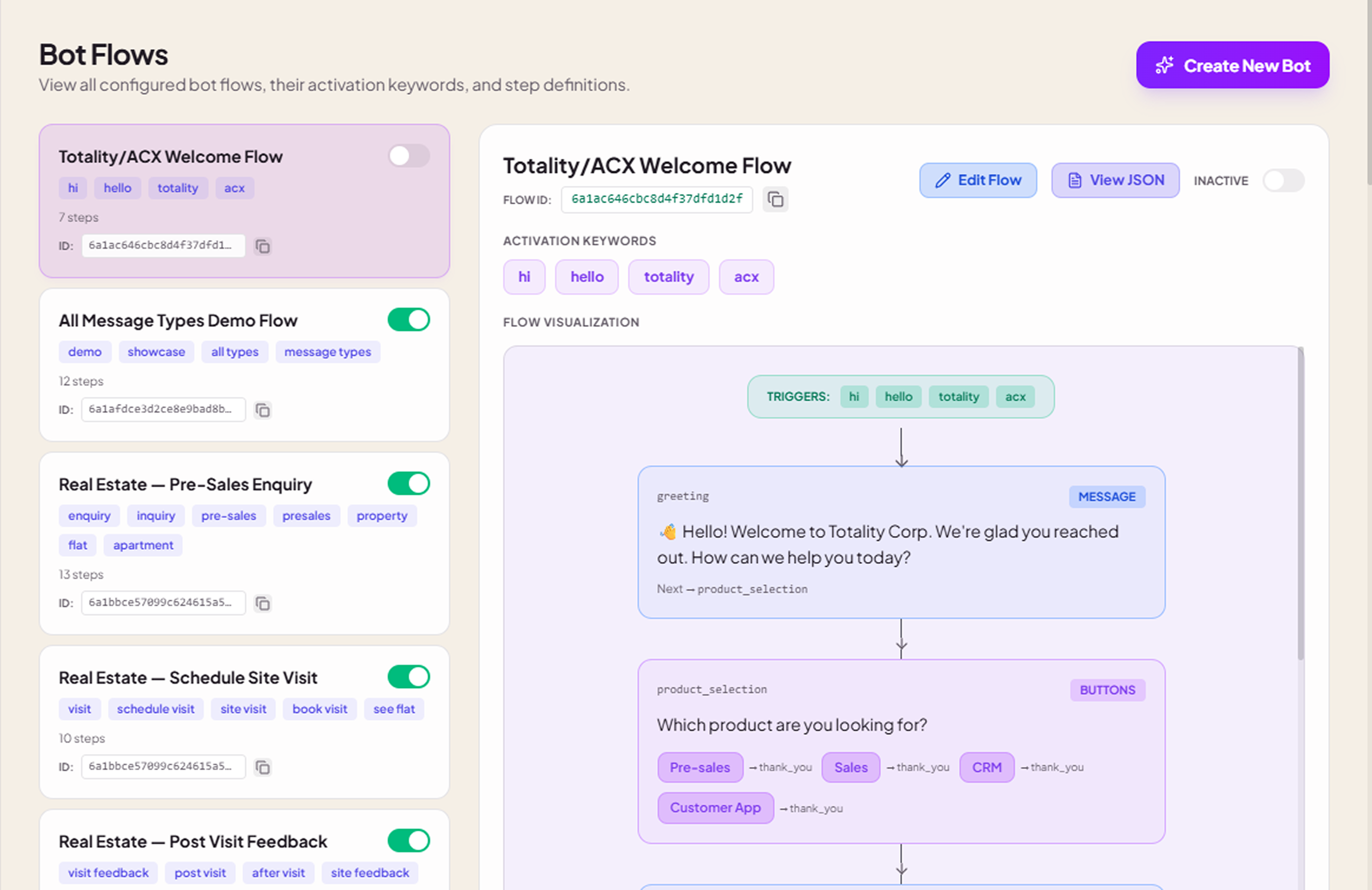 Voodlee no-code workflow builder showing a custom WhatsApp chatbot flow