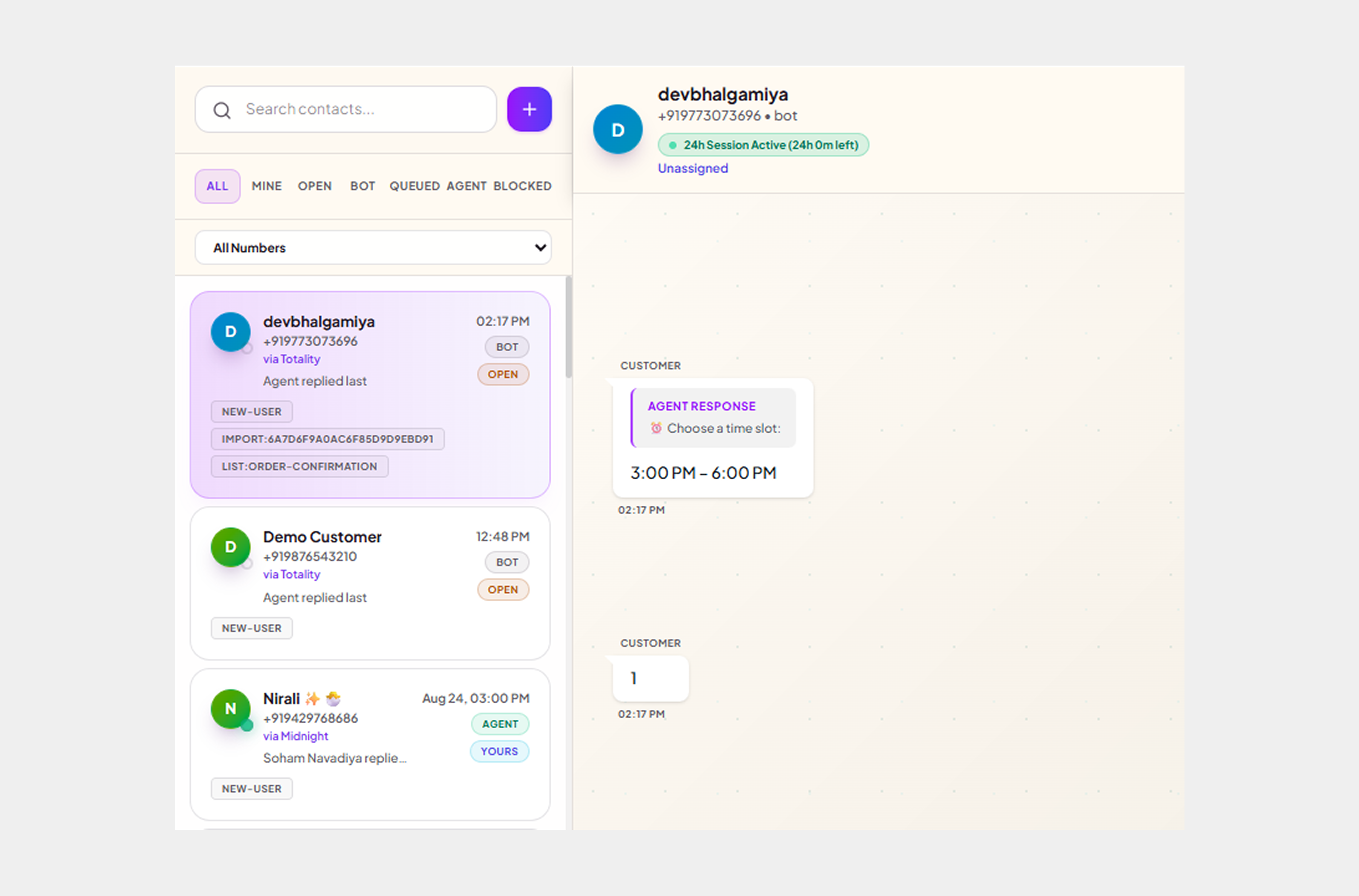 Voodlee shared WhatsApp inbox showing agent assignment and AI reply suggestion